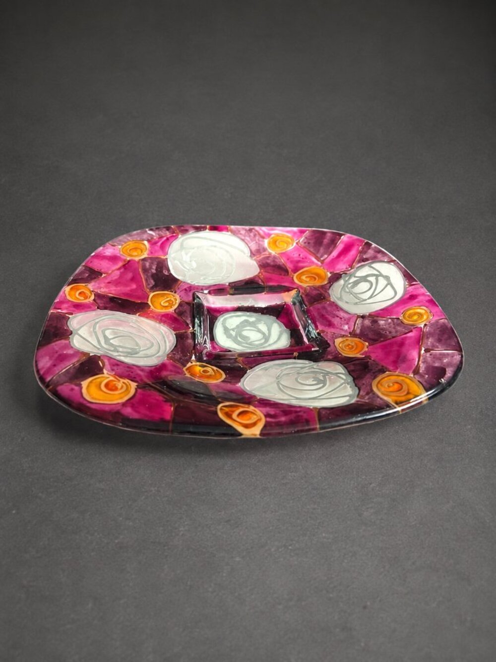 Handmade Fused Art Glass Square Floral Dish Pink Purple Roses 7"